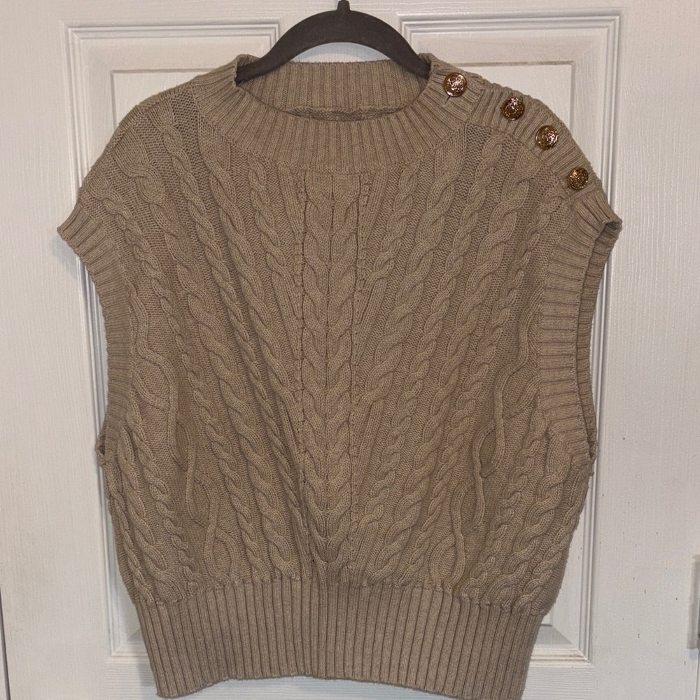 LOFT Taupe Cable Knit Sleeveless Crew Sweater with Shoulder Buttons